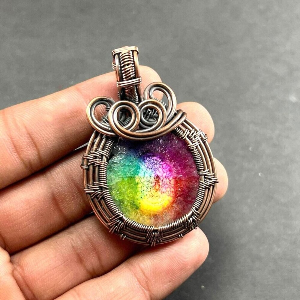 Natural Solar Quartz Crystal Copper Wire Wrapped Pendant